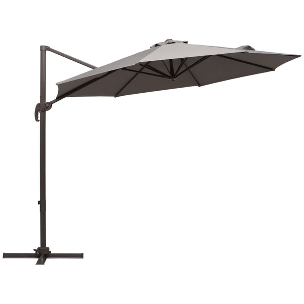 Outsunny 3M Roma Umbrella Sun Shade Cantilever Hanging Parasol w/ Cross Base Hand Crank Aluminium Frame 360°Rotation - Grey