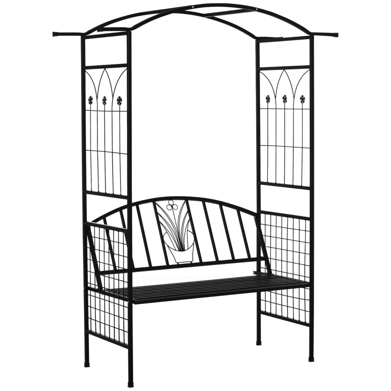 Outsunny Garden Metal Arch Arbour with Bench Love Seat Chair Outdoor Patio Rose Trellis Pergola Climbing Plant Archway Tubular - 154L x 60W x 205Hcm