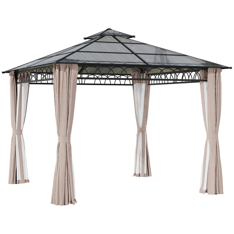 Outsunny 3 x 3 (m) Outdoor Polycarbonate Gazebo, Double Roof Hard Top Gazebo with Galvanized Steel Frame, Nettings & Curtains