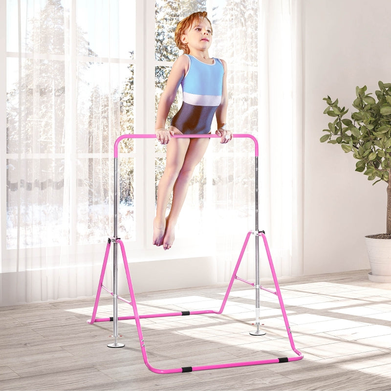 HOMCOM Gymnastics Bar for Kids, Folding Horizontal Bars with Adjustable Height, Training Bar with Triangle Base, Pink