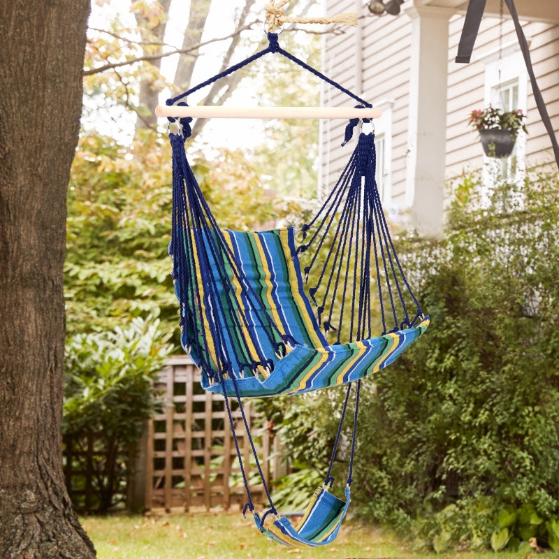 Outsunny Outdoor Hammock Hanging Rope Garden Yard Patio Swing Chair Seat Woodenwith Footrest Cotton Cloth Blue Stripe