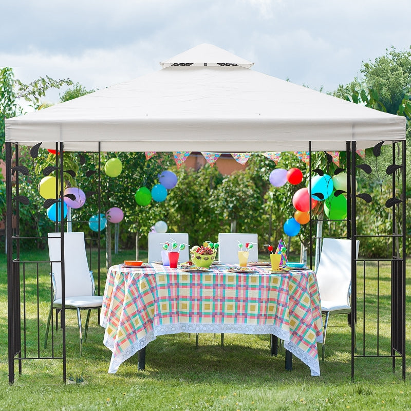 Outsunny 3 x 3m Outdoor Garden Steel Gazebo with 2 Tier Roof, Patio Canopy Marquee Patio Party Tent Canopy Shelter Vented Roof Decorative Frame Cream