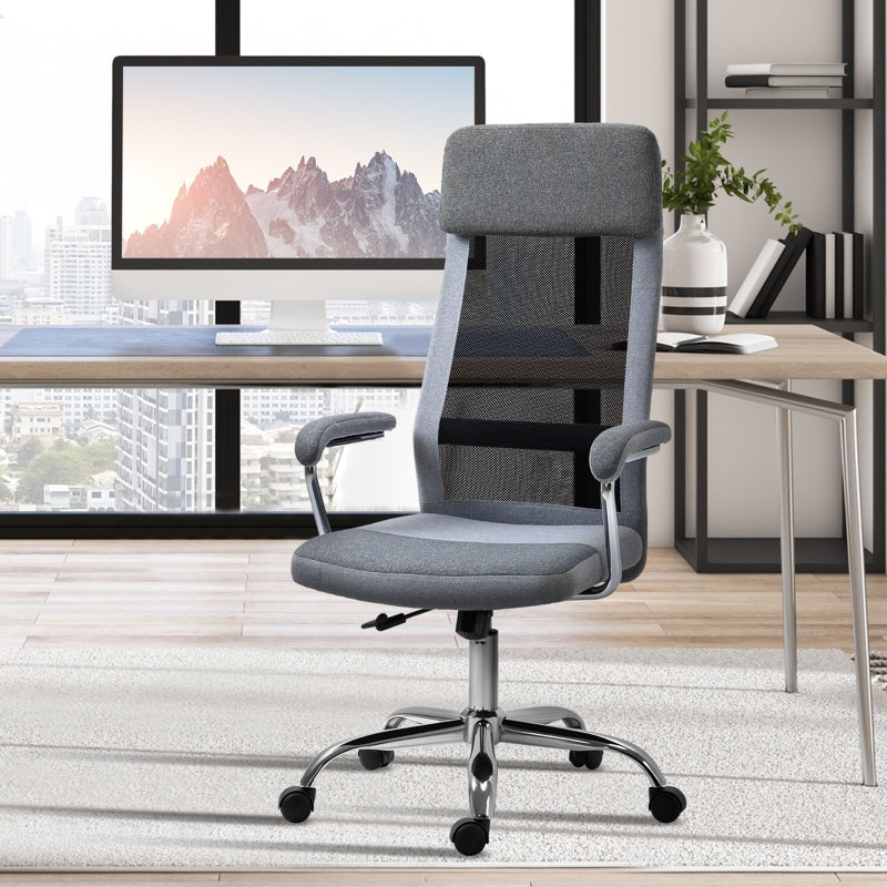 Vinsetto Office Chair Linen-Feel Mesh Fabric High Back Swivel Computer Task Desk Chair for Home with Arm, Wheels, Grey