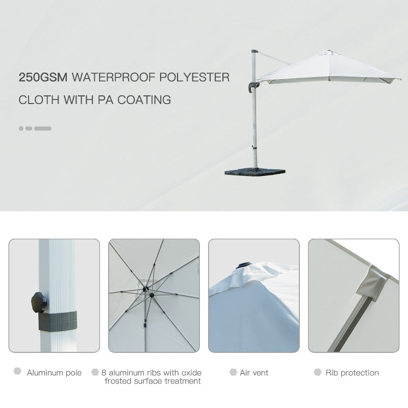 Outsunny 3m Cantilever Roma Parasol Aluminium Frame 360 Rotation Hanging Parasol with/ Cross Base White