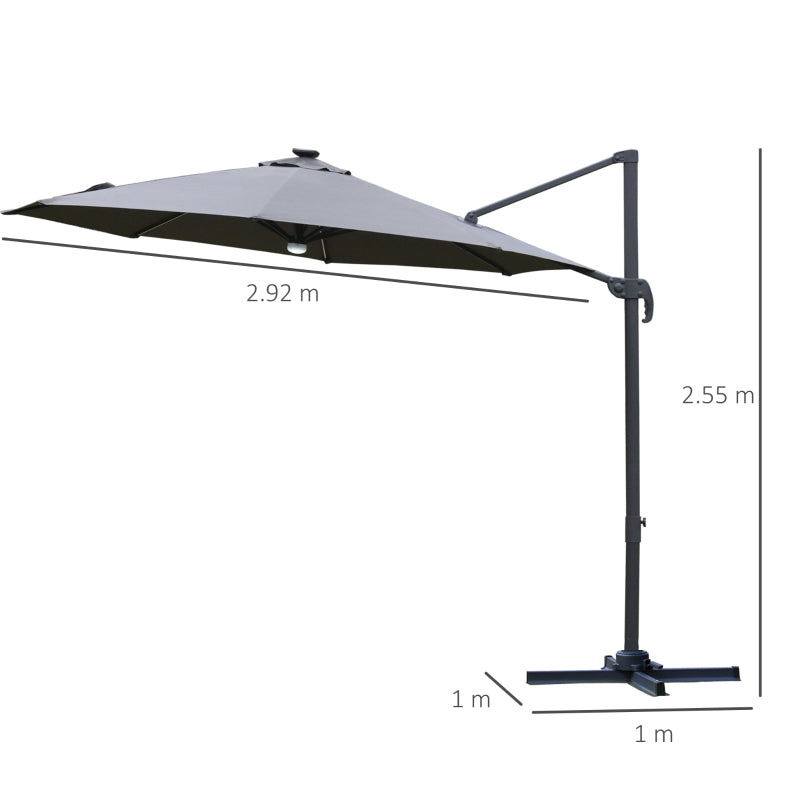 Outsunny 3(m) Cantilever Roma Parasol Garden Sun Umbrella Outdoor Patio with LED Solar Light Cross Base 360° Rotating, Grey