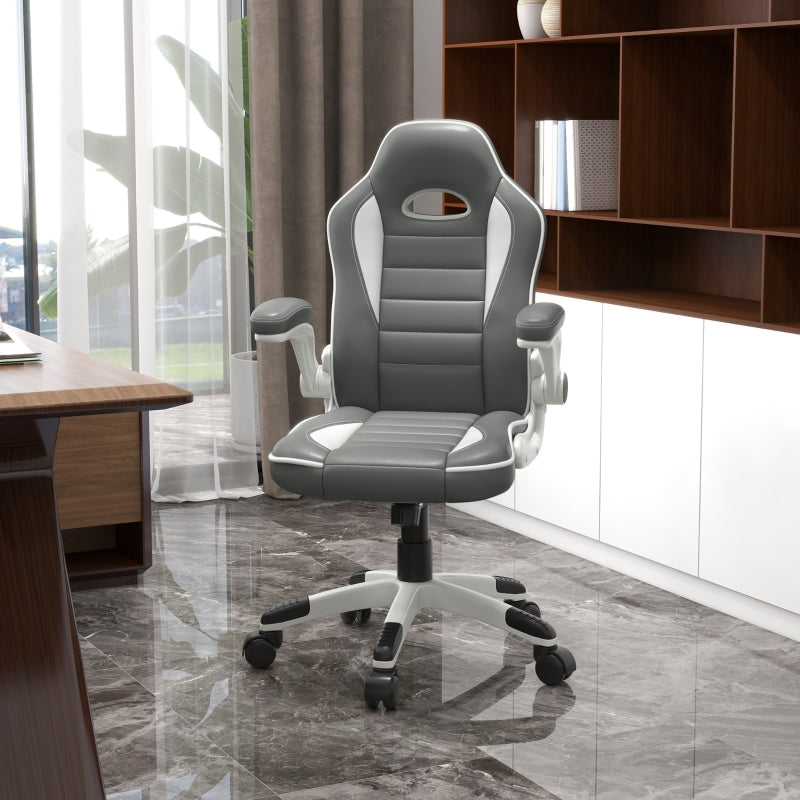 HOMCOM Racing Gaming Chair, PU Leather Computer Desk Chair, Height Adjustable Swivel Chair With Tilt Function and Flip Up Armrests, Grey