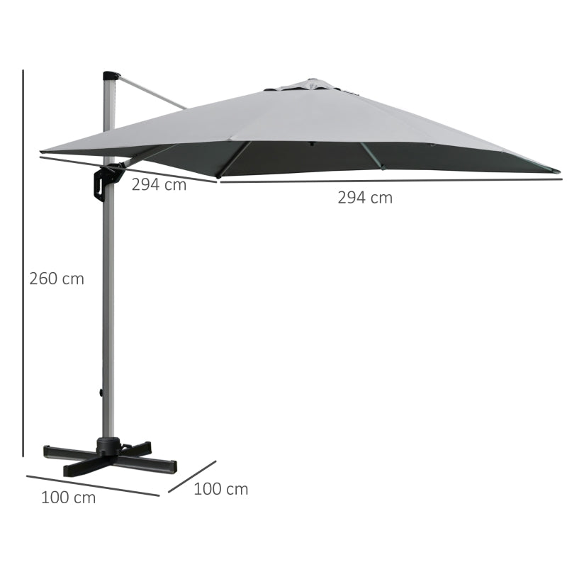 Outsunny 3 x 3(m) Square Cantilever Roma Parasol Garden Sun Umbrella Canopy Sun Shade Aluminium 360° Rotating & Cross Base, Light Grey Outdoor