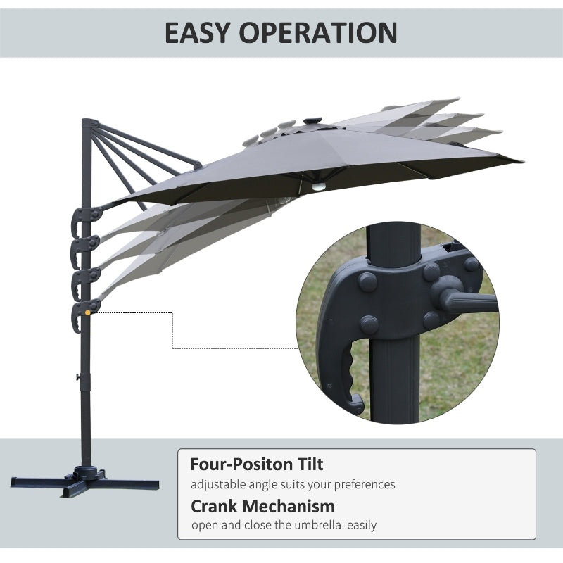 Outsunny 3(m) Cantilever Roma Parasol Garden Sun Umbrella Outdoor Patio with LED Solar Light Cross Base 360° Rotating, Grey