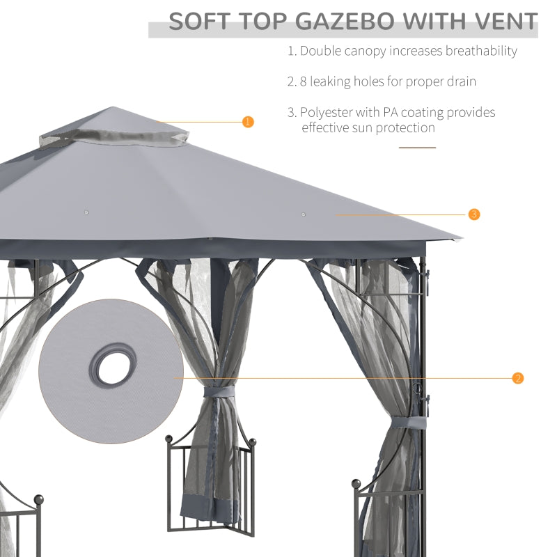 Outsunny 3 x 3 M Garden Gazebo Patio Party Tent Shelter Outdoor Canopy Double Tier Sun Shade Metal Frame Light Grey