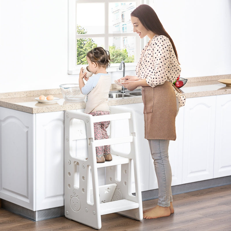 HOMCOM Kids Step Stool Adjustable Standing Platform Toddler Kitchen Stool -Standing Tower for Kids Kitchen Learning w/ Three Adjustable Heights, White