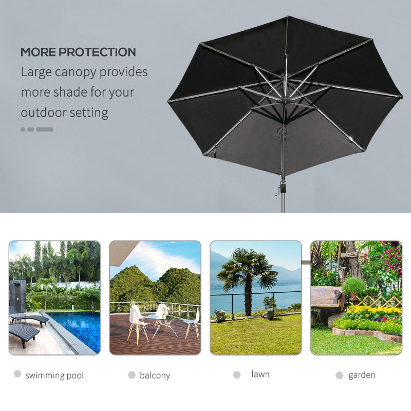 Outsunny 3m Cantilever Roma Parasol Adjustable Garden Sun Umbrella with LED Solar Light, Aluminum Frame, Tilt & Crank, UV50+, Dark Grey