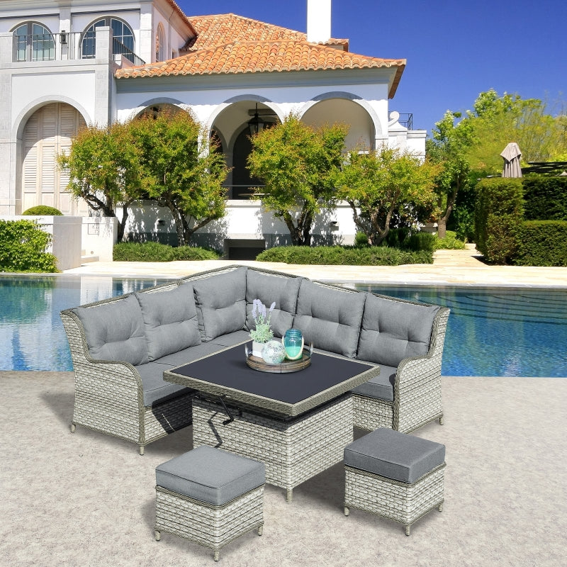 Outsunny 7-Seater Patio PE Rattan Corner Sofa w/ Adjustable Convertible Rising Table, Wicker Sectional Conversation Furniture w/ Cushions, Grey