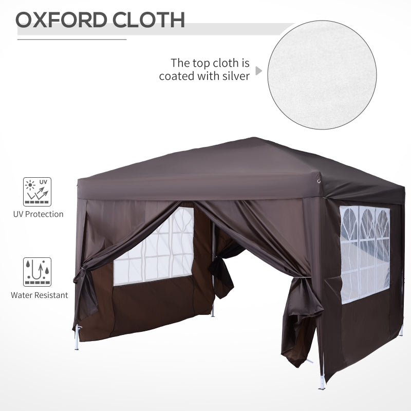 Outsunny 3 x 3 Meters Pop Up Water Resistant Gazebo Wedding Camping Party Tent Canopy Marquee - Coffee + Free Carry Bag + 2 walls 2 windows