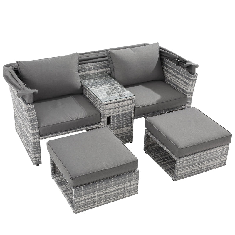 Outsunny 3 Pieces Outdoor PE Rattan Patio Furniture Set Daybed 2-Seater Sofa Footstool Tempered Glass Coffee Table Conversation Set, Olefin Cushion