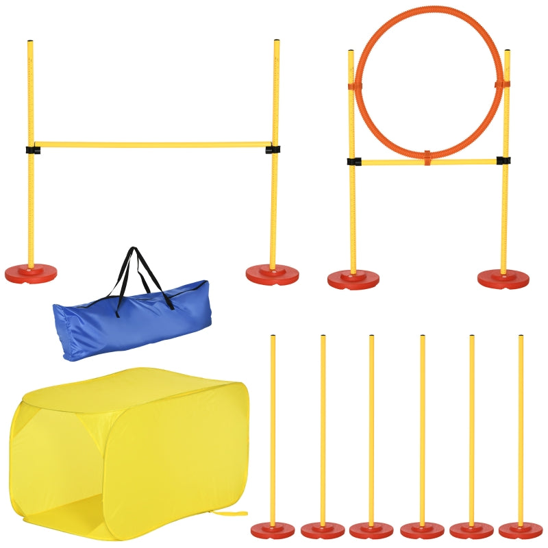 PawHut 4PCs Portable Pet Agility Training Obstacle Set for Dogs w/ Adjustable Weave Pole, Jumping Ring, Adjustable High Jump, Tunnel