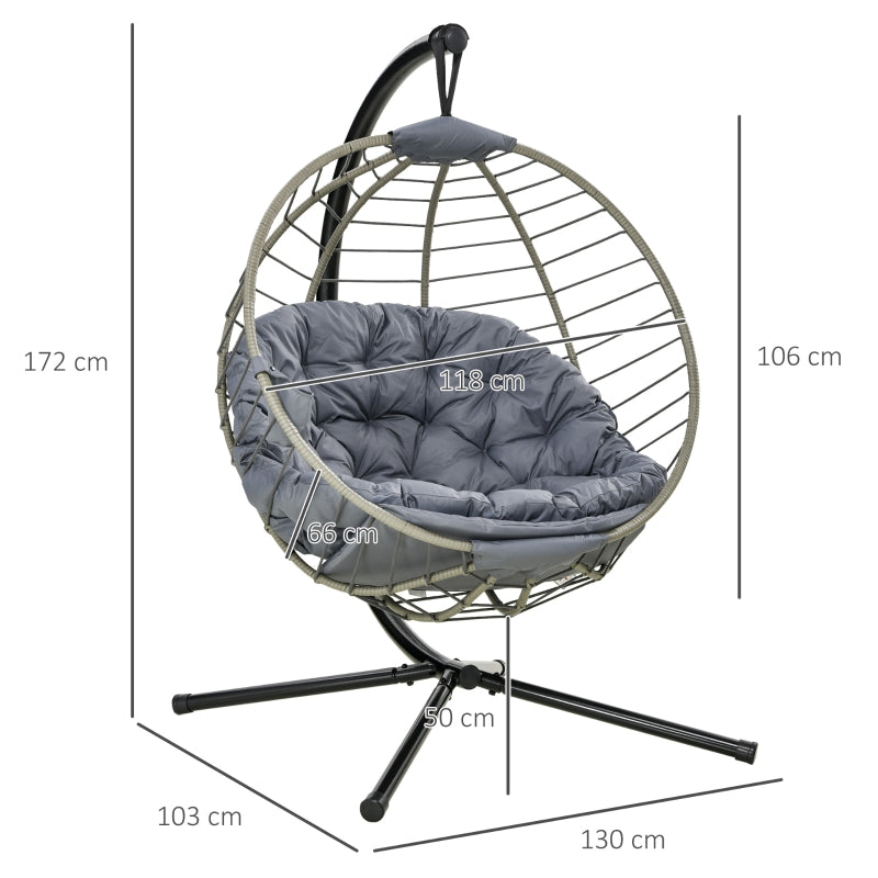 Outsunny PE Rattan Swing Chair, Outdoor Hanging Chair with Metal Stand, Thick Padded Cushion, Foldable Basket and Cup Holder, for Indoor Outdoor Grey