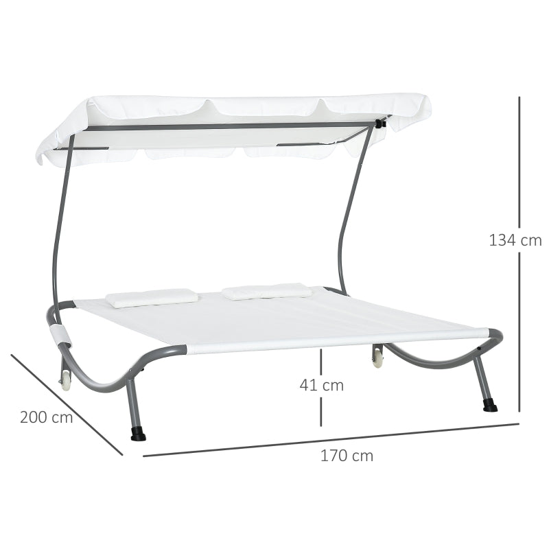 Outsunny Patio Double Hammock Sun Lounger Bed w/ Canopy Shelter, Wheels & 2 Pillows, White