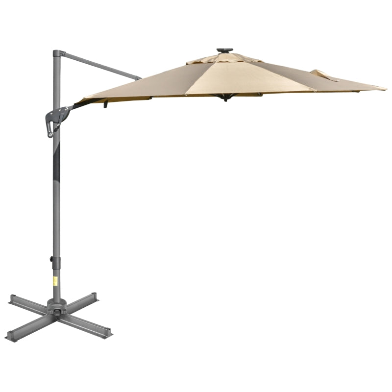 Outsunny 3m Square Outdoor Umbrella Adjustable Garden Sun Umbrella with LED Solar Light Cross Base Rotating Outdoor- Khaki