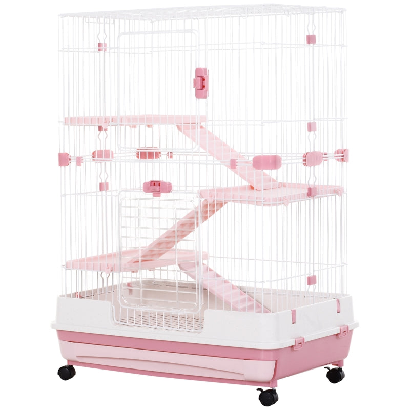 PawHut Four-Tier Small Animal Cage, for Bunnies, Ferrets, Chinchillas w/ Wheels, Tray - Pink