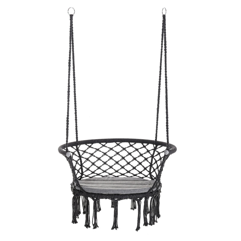 Outsunny Hanging Hammock Chair Cotton Rope Porch Swing with Metal Frame and Cushion, Large Macrame Seat for Patio, Bedroom, Living Room, Dark Grey