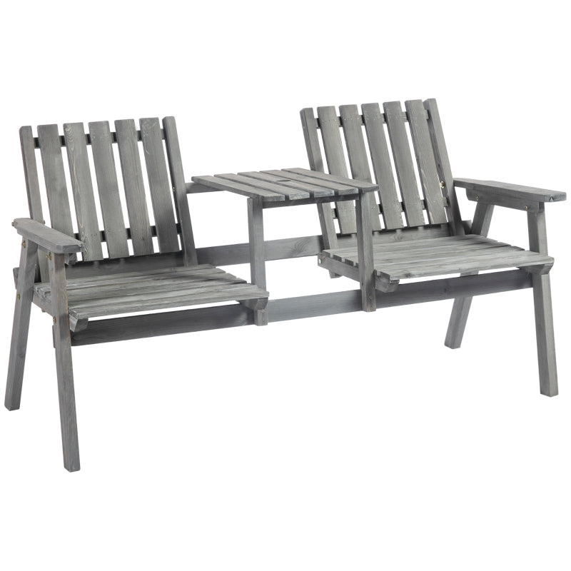 Outsunny 2-Seater Furniture Wooden Garden Bench Antique Loveseat Chair, Table Conversation Set for Yard, Lawn, Porch, Patio, Grey