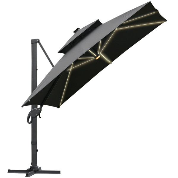 Outsunny 3 x 3(m) Cantilever Roma Parasol Garden Sun Umbrella Outdoor Patio with LED Solar Light Cross Base 360° Rotating for Backyard Dark Gray