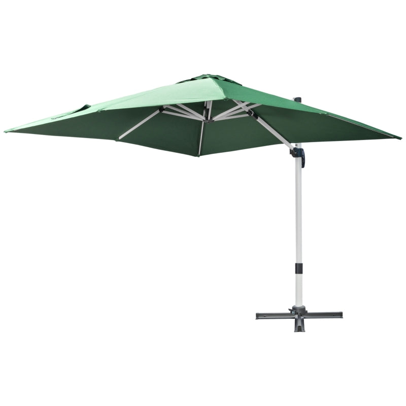 Outsunny 3 x 3(m) Cantilever Parasol, Square Garden Umbrella with Cross Base, Crank Handle, Tilt, 360° Rotation and Aluminium Frame, Green