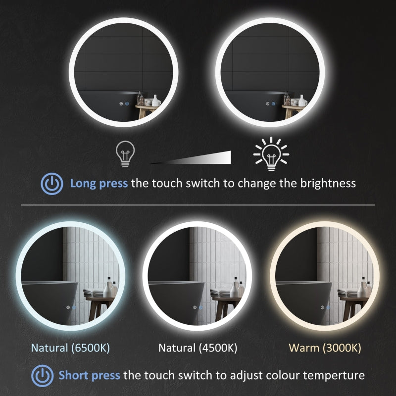 kleankin Round Illuminated Bathroom Mirrors w/ LED Lights, Wall Mount Mirror w/ 3 Colours, Anti-Fog, Memory Function & Aluminium, 70 x 70 cm