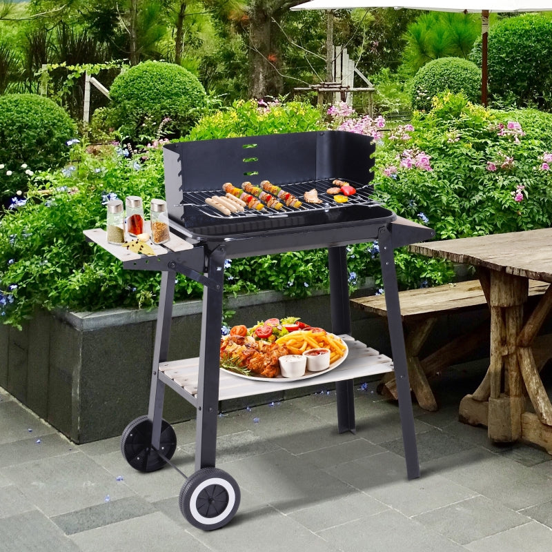 Outsunny BBQ Grill Trolley Charcoal BBQ Barbecue Grill Outdoor Patio Garden Heating Smoker with Side Trays Storage Shelf and Wheels