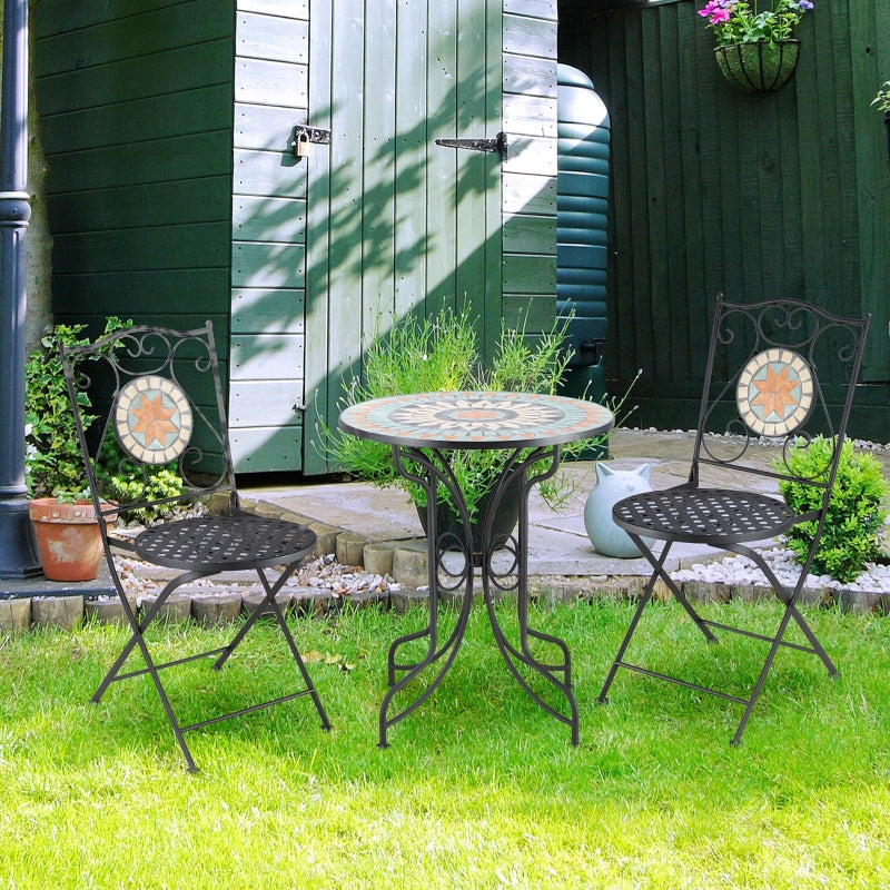 Outsunny 3 Piece Garden Bistro Set, Folding Patio Chairs and Mosaic Round Tabletop for Outdoor, Metal, Balcony, Poolside, Light Blue