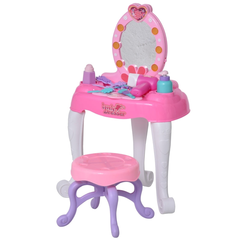 HOMCOM Kids Pretend Play Plastic Vanity Table Set Pink/White