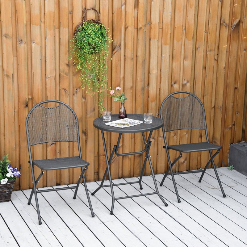 Outsunny 3 Piece Garden Bistro Set w/ Folding Design Mesh Metal Outdoor Coffee Table Set Two Chairs Black