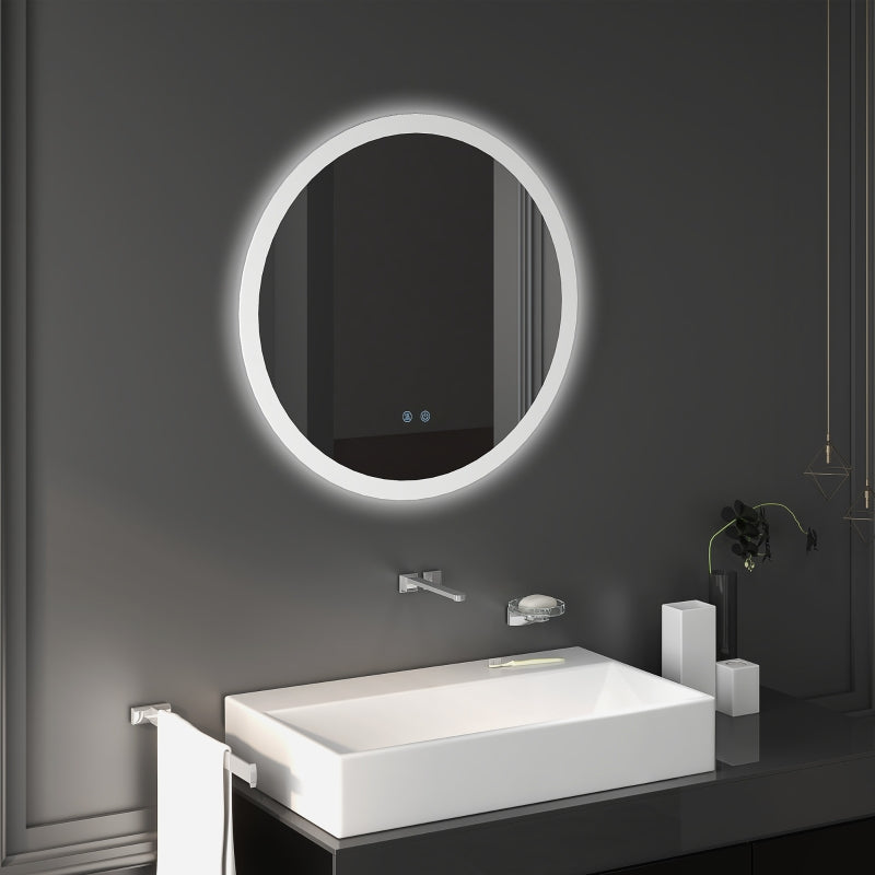 kleankin Round Illuminated Bathroom Mirrors w/ LED Lights, Wall Mount Mirror w/ 3 Colours, Anti-Fog, Memory Function & Aluminium, 70 x 70 cm