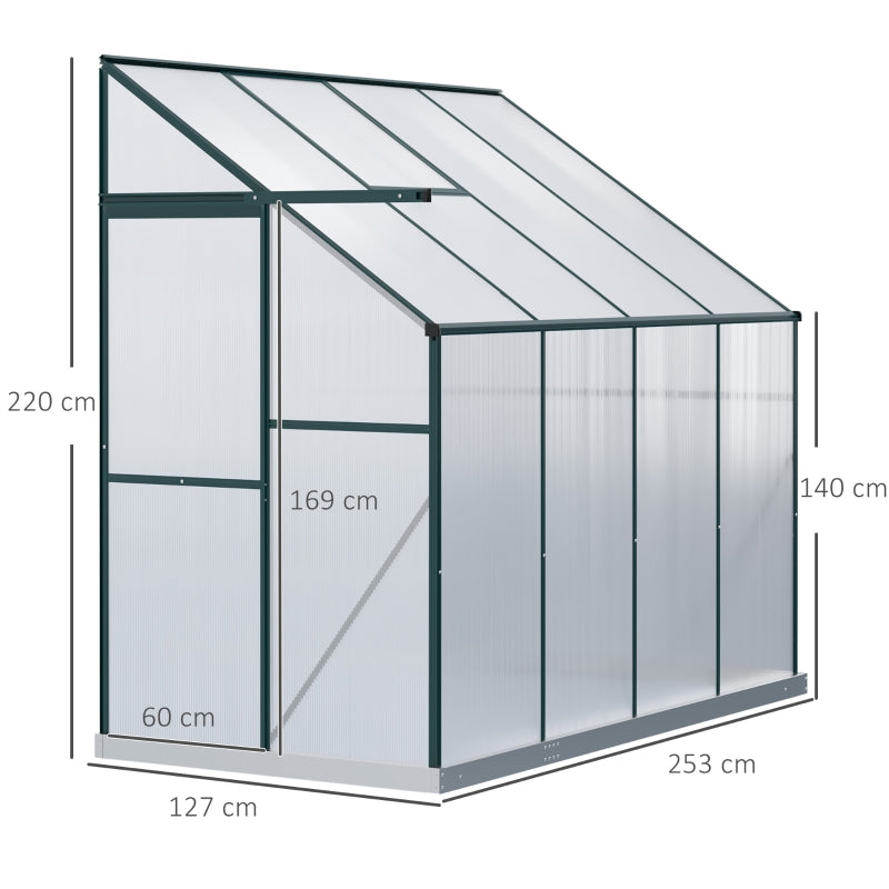 Outsunny Walk-In Greenhouse Lean to Wall Greenhouse Garden Heavy Duty Aluminium Polycarbonate with Roof Vent for Plants, 253 x 127 x 220 cm