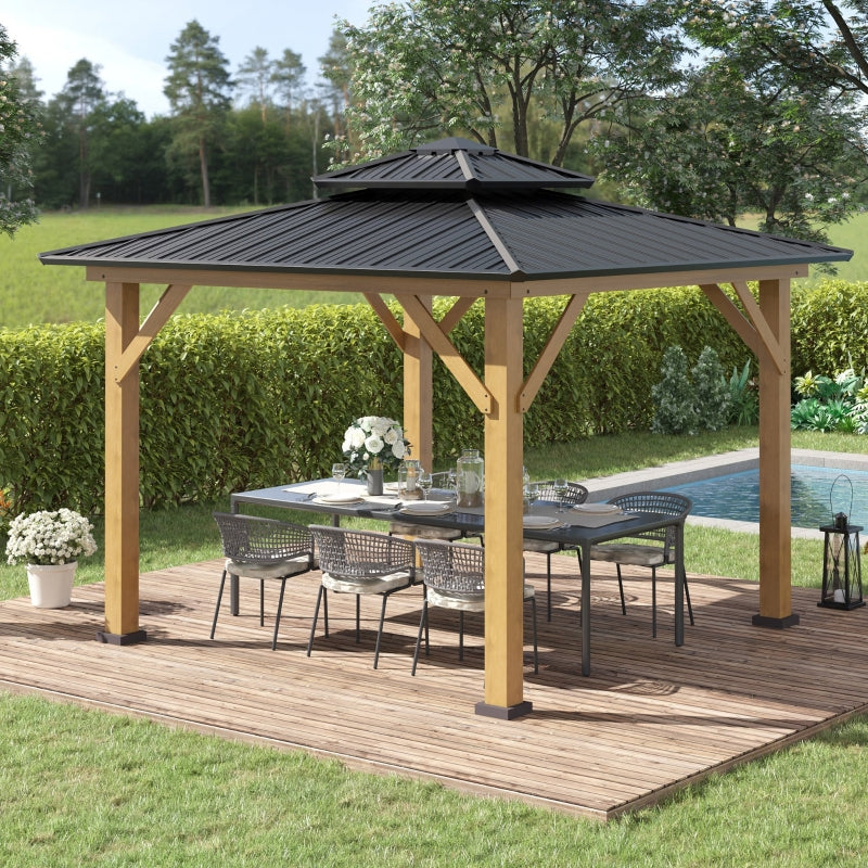 Outsunny 3.5 x 3.5m Outdoor Aluminium Hardtop Gazebo Canopy with 2-Tier Roof and Solid Wood Frame Outdoor Patio Shelter for Patio, Garden, Grey