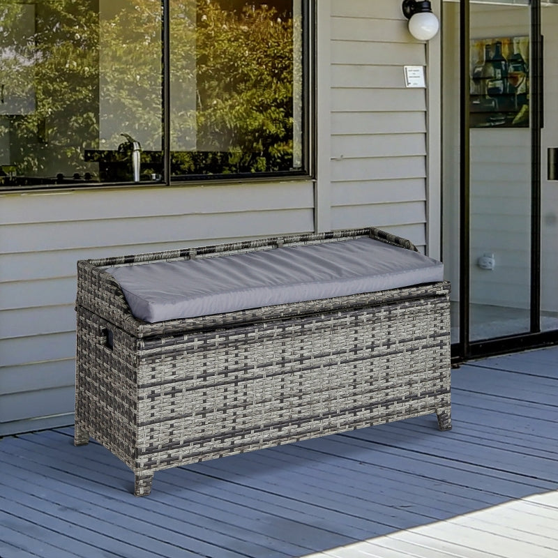 Outsunny Patio PE Rattan Wicker Storage Basket Box Bench Seat Furniture w/ Cushion Mixed Grey