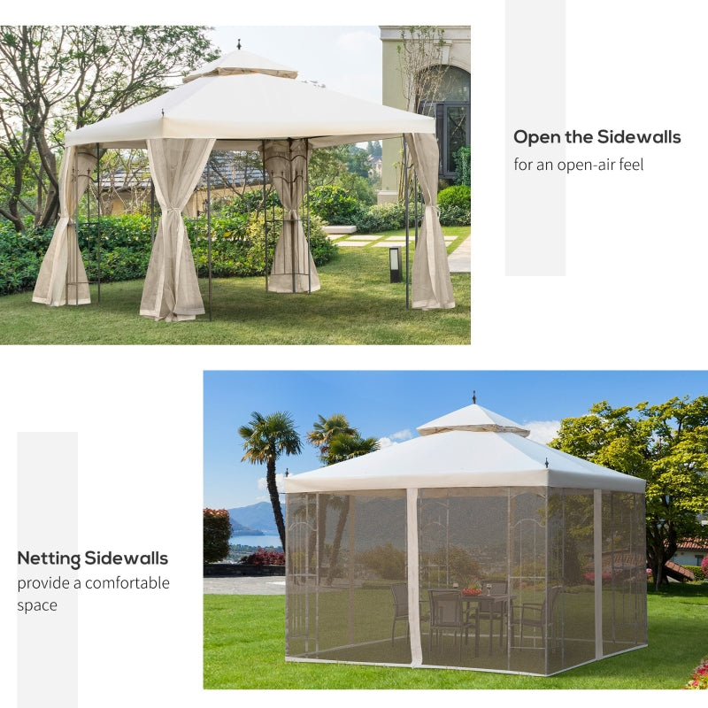 Outsunny 300x300cm Garden Gazebo Double Top Outdoor Canopy Patio Event Party Tent Backyard Sun Shade with Mesh Curtain Beige