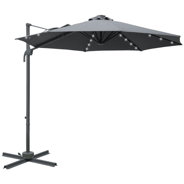 Outsunny 3(m) Square Outdoor Umbrella Patio Sun Umbrella with Crank & Tilt LED Solar Light Cross Base 360° Rotating Outdoor, Dark Grey