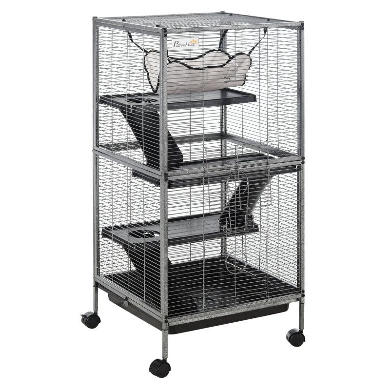 PawHut Small Animal Cage with Wheels Pet Home for Chinchillas, Ferrets, Kittens , Hammock, 4 Platforms and Removable Tray