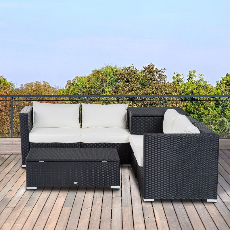 Outsunny 4-Seater Rattan Garden Corner Sofa Set Wicker 4 Seater Garden Weave Furniture w/ Cushion Black