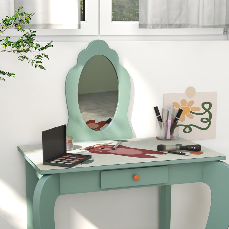 ZONEKIZ Kids Dressing Table with Mirror and Stool, Girls Vanity Table Makeup Desk with Drawer, Cute Animal Design, for 3-6 Years - Green