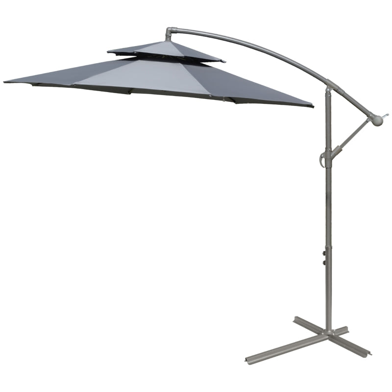 Outsunny 2.7m Garden Banana Parasol Cantilever Umbrella with Crank Handle, Double Tier Canopy and Cross Base for Outdoor, Hanging Sun Shade, Dark Grey