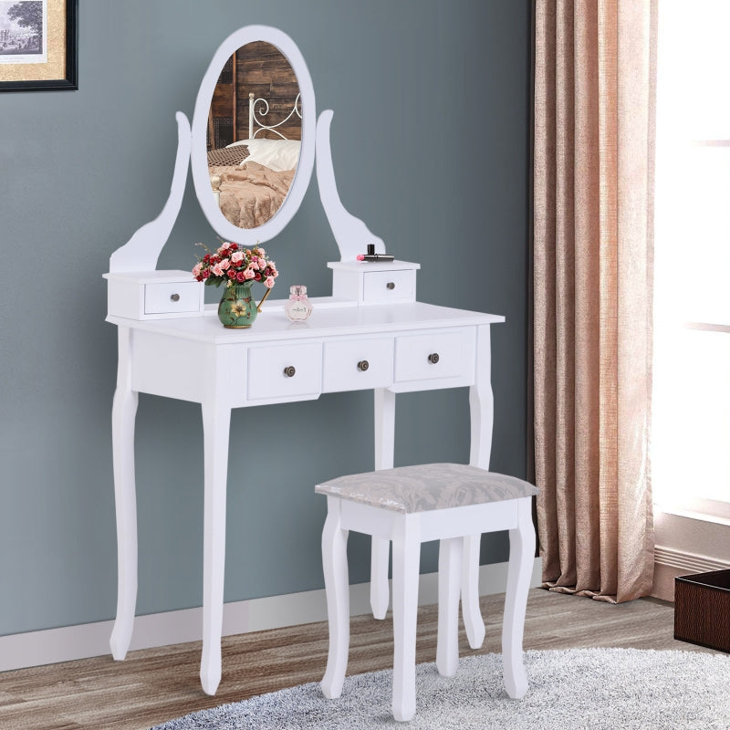 HOMCOM 5-Drawers Dressing Table Set W/ Mirror & Stool-White