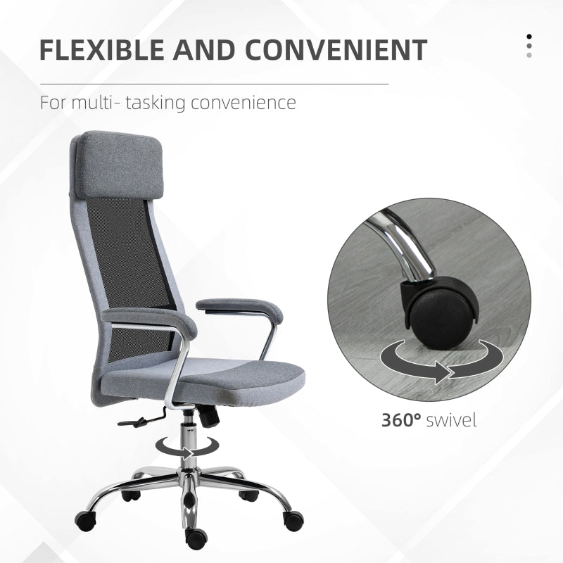 Vinsetto Office Chair Linen-Feel Mesh Fabric High Back Swivel Computer Task Desk Chair for Home with Arm, Wheels, Grey