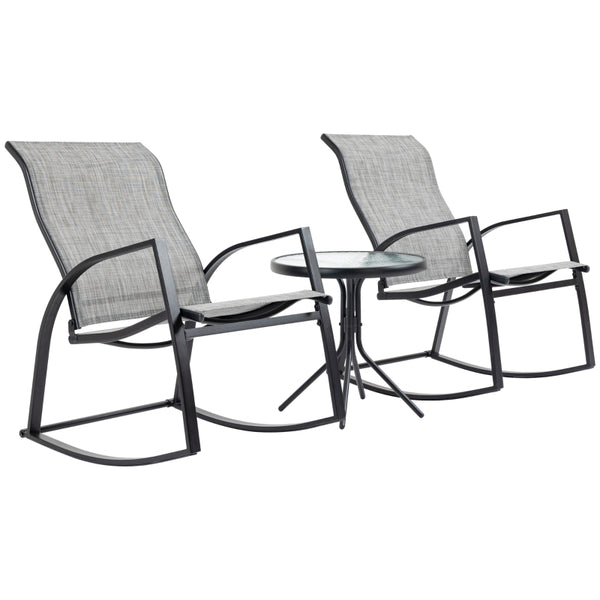 Outsunny 3 Pieces Outdoor Patio Bistro Set w/ 2 Rocking Chairs and Tempered Glass Table for Garden, Porch, Poolside, Grey