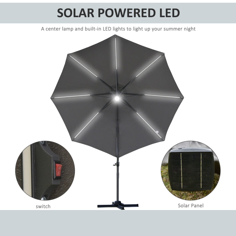 Outsunny 3(m) Cantilever Roma Parasol Garden Sun Umbrella Outdoor Patio with LED Solar Light Cross Base 360° Rotating, Grey