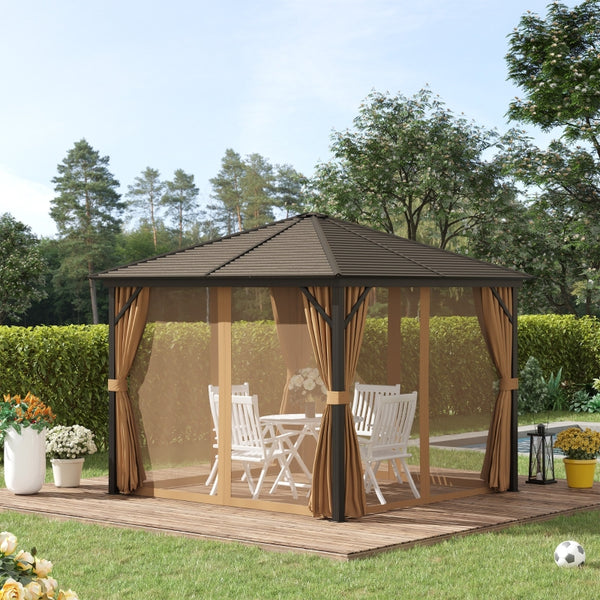 Outsunny 3 x 3 Meters Patio Aluminium Gazebo Hardtop Metal Roof Canopy Party Tent Garden Outdoor Shelter with Mesh Curtains & Side Walls - Brown