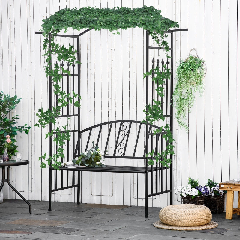 Outsunny Garden Metal Arch Arbour with Bench Love Seat Chair Outdoor Patio Rose Trellis Pergola Climbing Plant Archway Tubular- 154L x 60W x 205Hcm