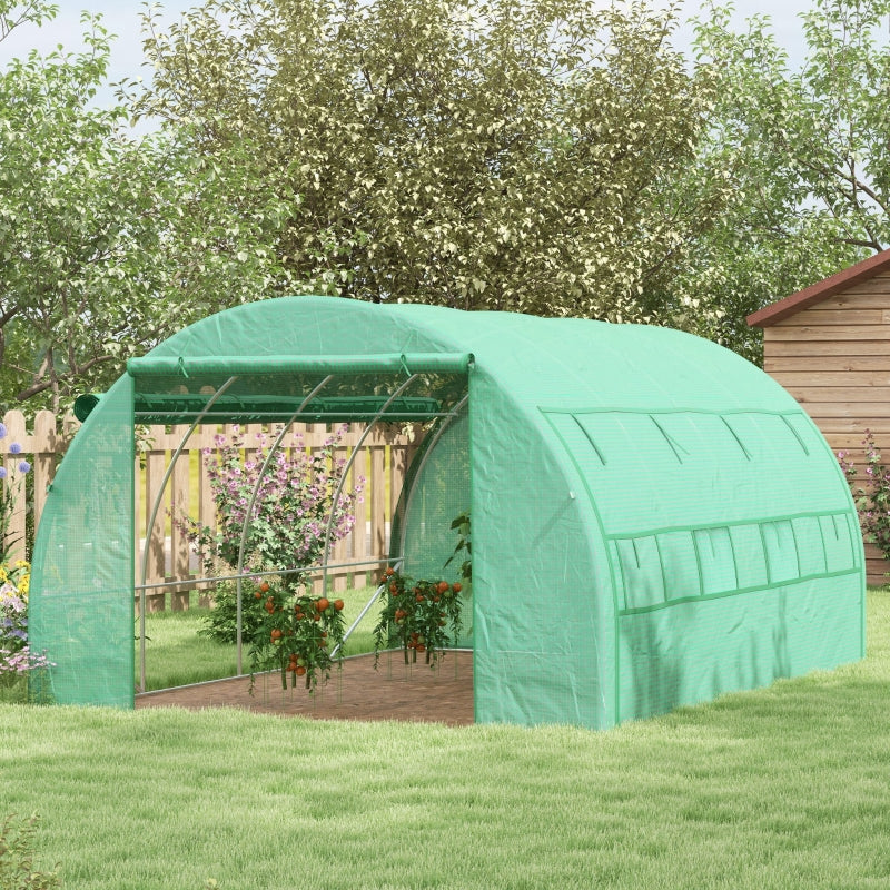 Outsunny Polytunnel Greenhouse Walk-in Grow House Tent with Roll-up Sidewalls, Zipped Door and 8 Windows, 4x3x2m Green