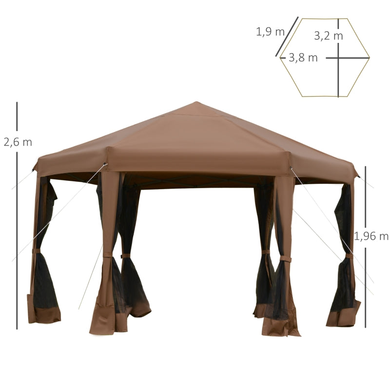 Outsunny 3.2m Pop Up Gazebo Hexagonal Canopy Tent Outdoor Sun Protection with Mesh Sidewalls, Handy Bag, Brown